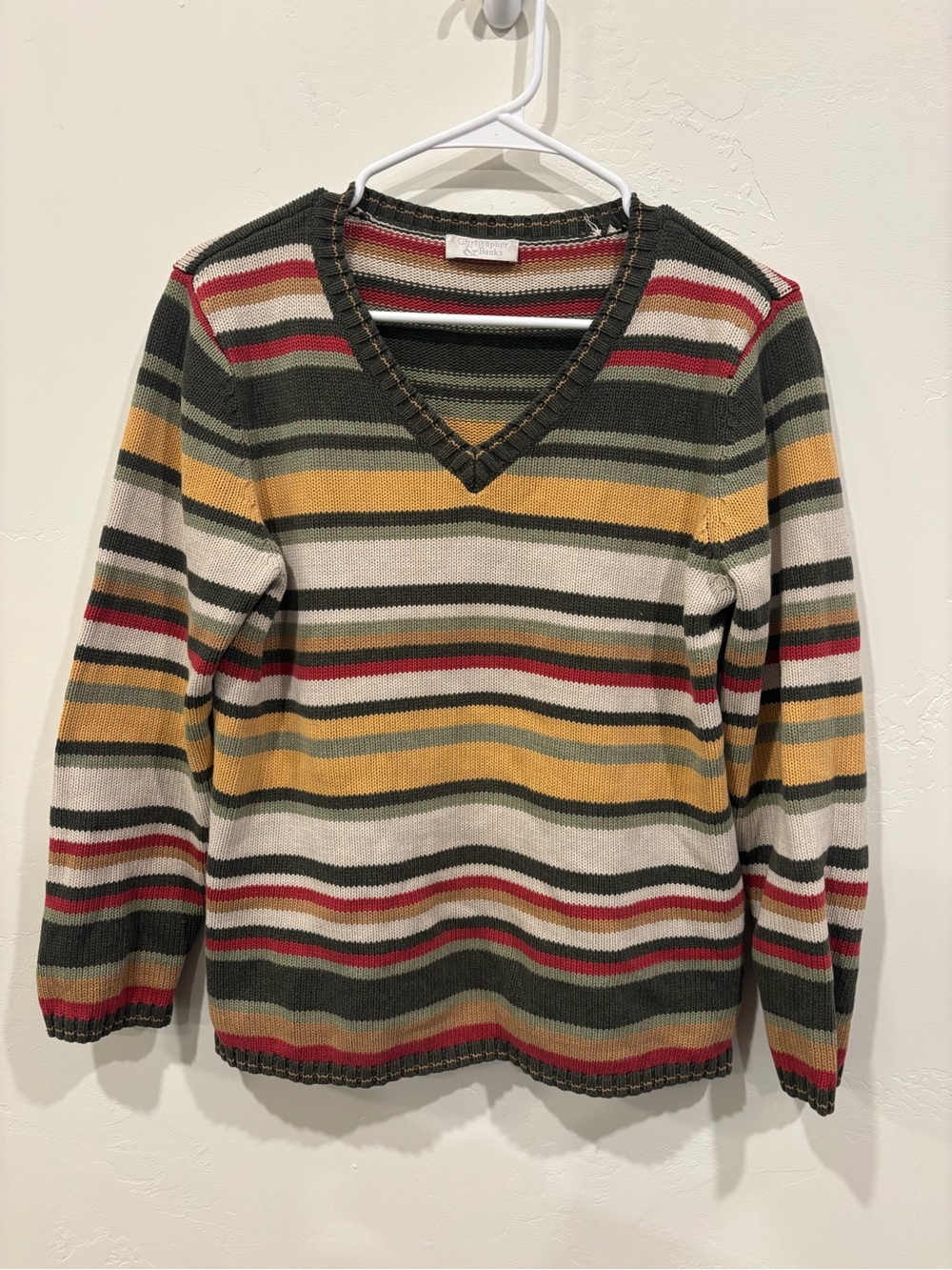 Striped V-Neck Women's Sweater in Olive, Mustard, Cream, and Red